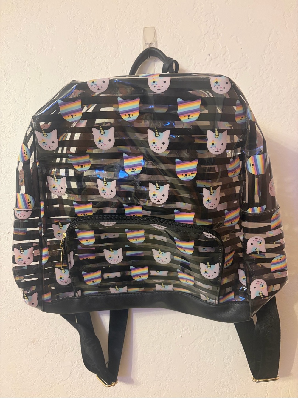 Betsey Johnson PVC Backpack with Rainbow Cat Unicorn Print - Black